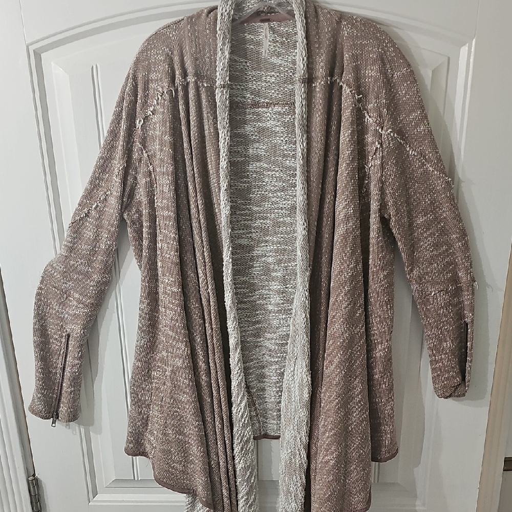 FreePeople Oversized Draped Taupe Open-Front Sweater Jacket